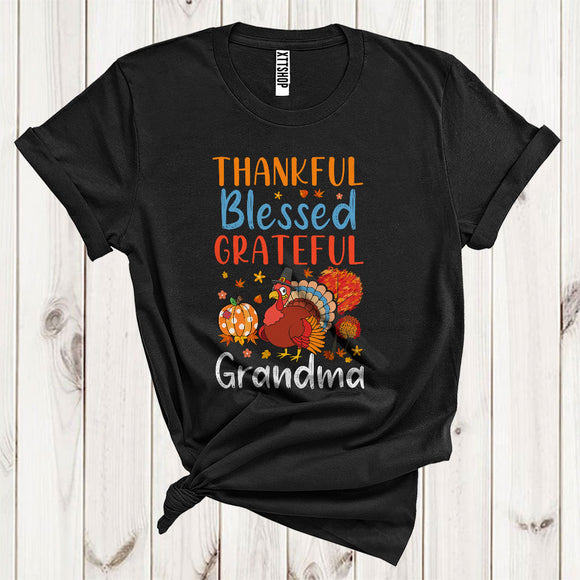 MacnyStore - Thankful Grateful Blessed Grandma Funny Pilgrim Turkey Fall Leaf Pumpkin Lover Family Thanksgiving T-Shirt