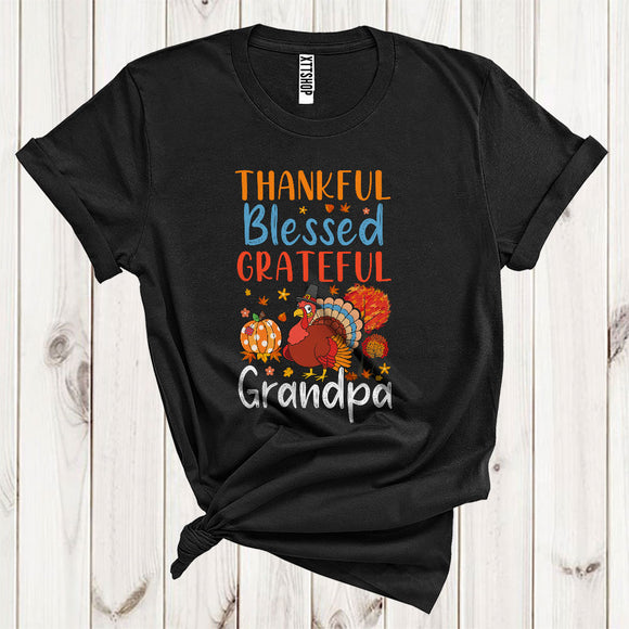 MacnyStore - Thankful Grateful Blessed Grandpa Funny Pilgrim Turkey Fall Leaf Pumpkin Lover Family Thanksgiving T-Shirt