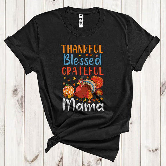 MacnyStore - Thankful Grateful Blessed Mama Funny Pilgrim Turkey Fall Leaf Pumpkin Lover Family Thanksgiving T-Shirt