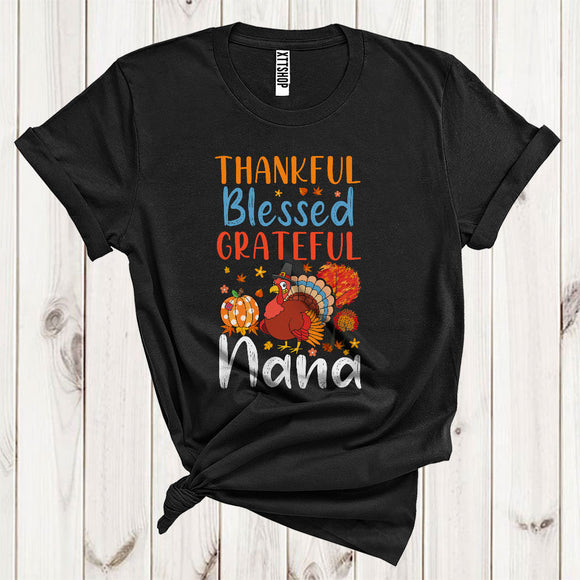 MacnyStore - Thankful Grateful Blessed Nana Funny Pilgrim Turkey Fall Leaf Pumpkin Lover Family Thanksgiving T-Shirt