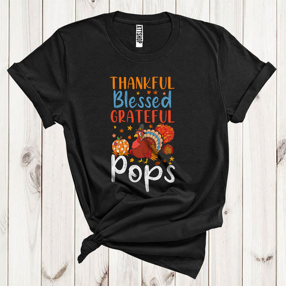 MacnyStore - Thankful Grateful Blessed Pops Funny Pilgrim Turkey Fall Leaf Pumpkin Lover Family Thanksgiving T-Shirt