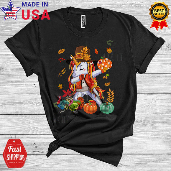 MacnyStore - Thanksgiving Dabbing Unicorn Pilgrim Funny Turkey Pumpkin Fall Leaves Animal Lover T-Shirt