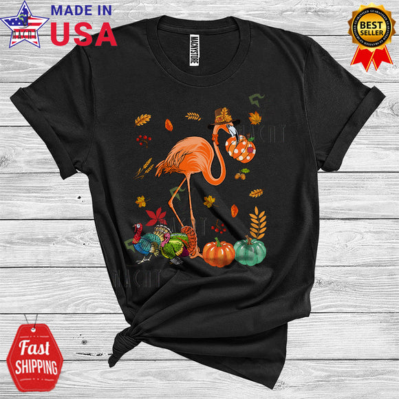 MacnyStore - Thanksgiving Flamingo Pilgrim Funny Turkey Pumpkin Fall Leaves Animal Lover T-Shirt