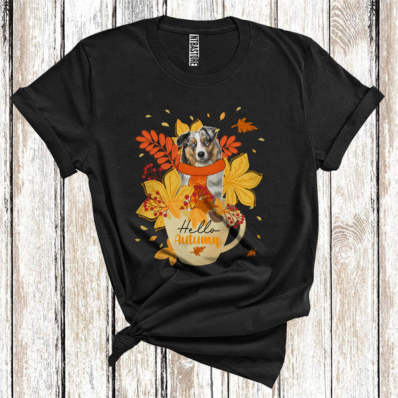 MacnyStore - Thanksgiving Hello Autumn Australian Shepherd Fall Scarf With Leaves In Tea Cup T-Shirt