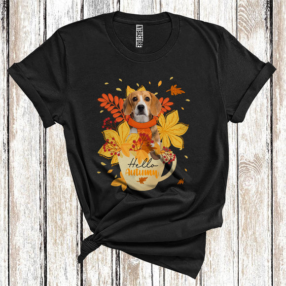 MacnyStore - Thanksgiving Hello Autumn Beagle Fall Scarf With Leaves In Tea Cup T-Shirt