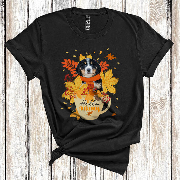 MacnyStore - Thanksgiving Hello Autumn Bernedoodle Fall Scarf With Leaves In Tea Cup T-Shirt