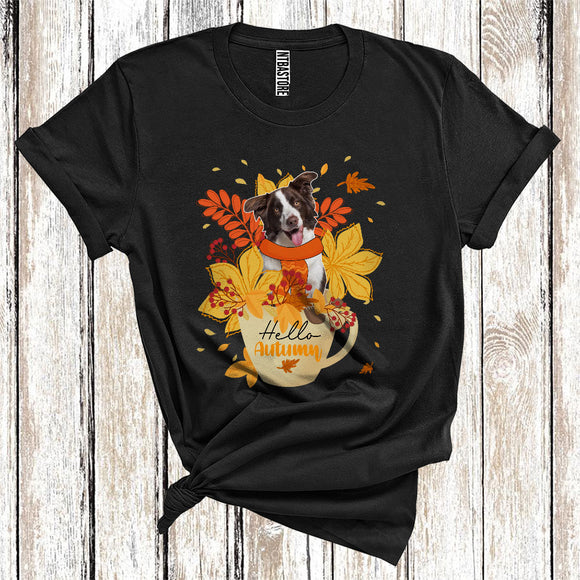 MacnyStore - Thanksgiving Hello Autumn Border Collie Fall Scarf With Leaves In Tea Cup T-Shirt