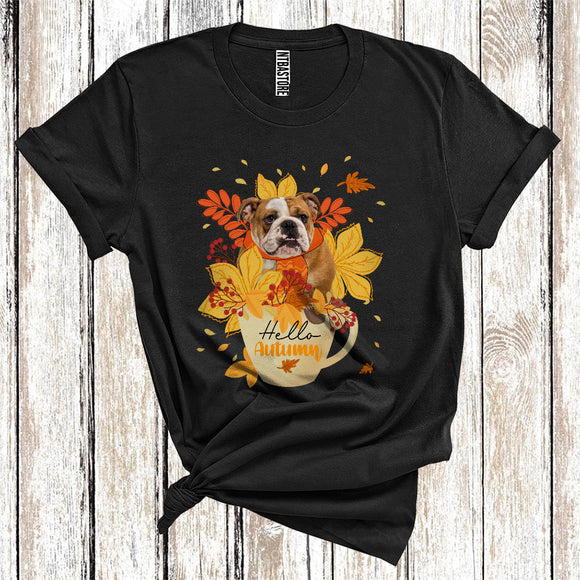 MacnyStore - Thanksgiving Hello Autumn Bulldog Fall Scarf With Leaves In Tea Cup T-Shirt
