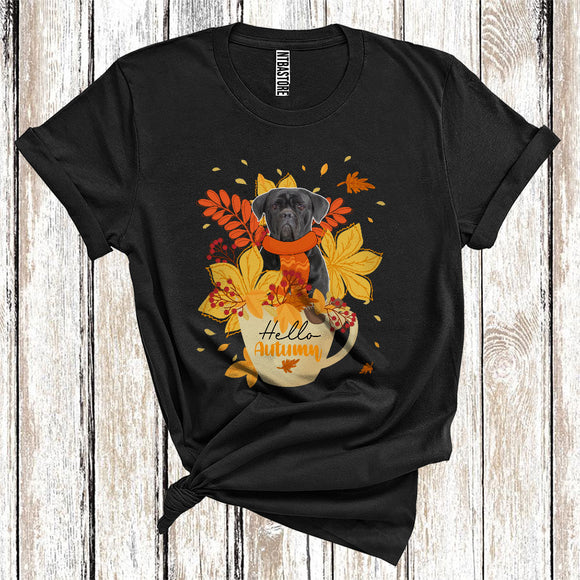 MacnyStore - Thanksgiving Hello Autumn Cane Corso Fall Scarf With Leaves In Tea Cup T-Shirt