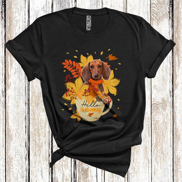 MacnyStore - Thanksgiving Hello Autumn Dachshund Fall Scarf With Leaves In Tea Cup T-Shirt