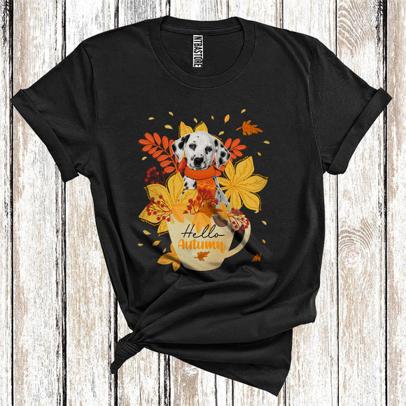 MacnyStore - Thanksgiving Hello Autumn Dalmatian Fall Scarf With Leaves In Tea Cup T-Shirt