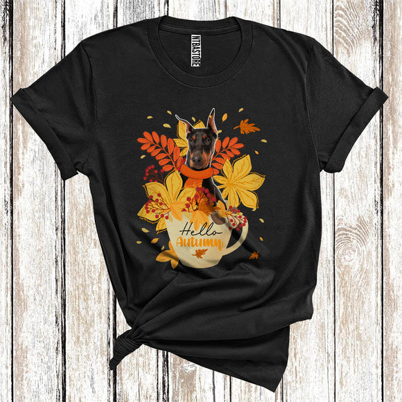 MacnyStore - Thanksgiving Hello Autumn Dobermann Fall Scarf With Leaves In Tea Cup T-Shirt