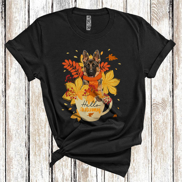 MacnyStore - Thanksgiving Hello Autumn German Shepherd Fall Scarf With Leaves In Tea Cup T-Shirt