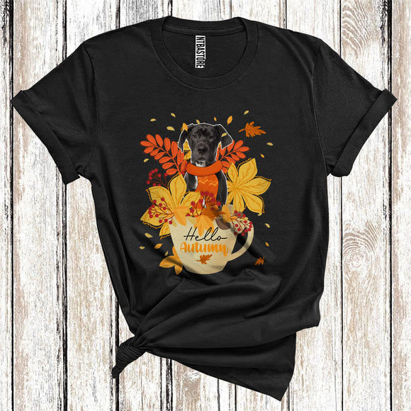 MacnyStore - Thanksgiving Hello Autumn Great Dane Fall Scarf With Leaves In Tea Cup T-Shirt