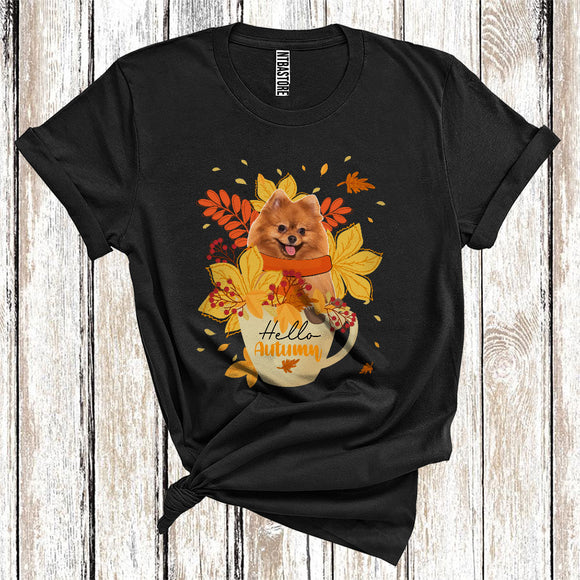MacnyStore - Thanksgiving Hello Autumn Pomeranian Fall Scarf With Leaves In Tea Cup T-Shirt