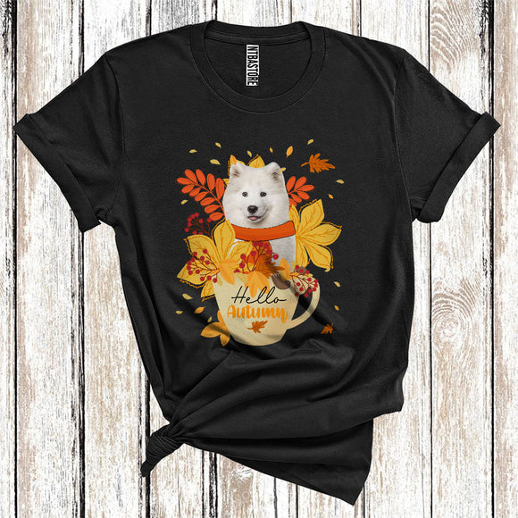 MacnyStore - Thanksgiving Hello Autumn Samoyed Fall Scarf With Leaves In Tea Cup T-Shirt