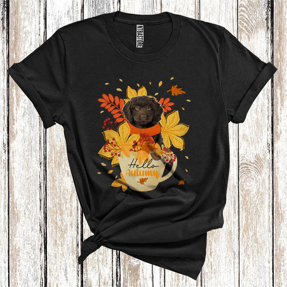 MacnyStore - Thanksgiving Hello Autumn Sproodle Fall Scarf With Leaves In Tea Cup T-Shirt