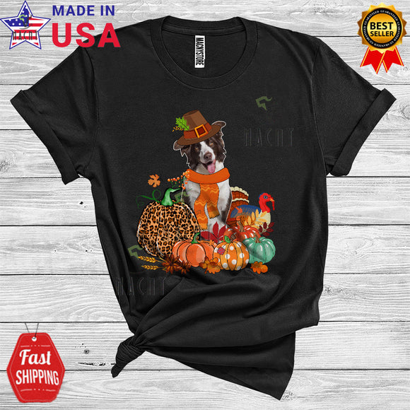 MacnyStore - Thanksgiving Leopard Pumpkin Turkey Fall Autumn Pilgrim Border Collie Lover T-Shirt