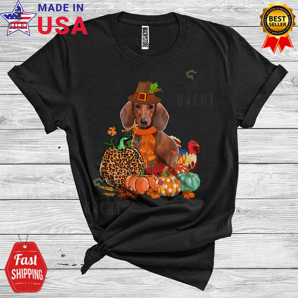 MacnyStore - Thanksgiving Leopard Pumpkin Turkey Fall Autumn Pilgrim Dachshund Lover T-Shirt