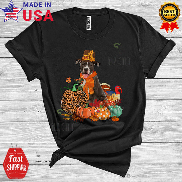 MacnyStore - Thanksgiving Leopard Pumpkin Turkey Fall Autumn Pilgrim Pit Bull Lover T-Shirt
