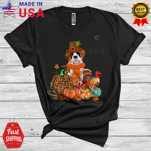 MacnyStore - Thanksgiving Leopard Pumpkin Turkey Fall Autumn Pilgrim St. Bernard Lover T-Shirt