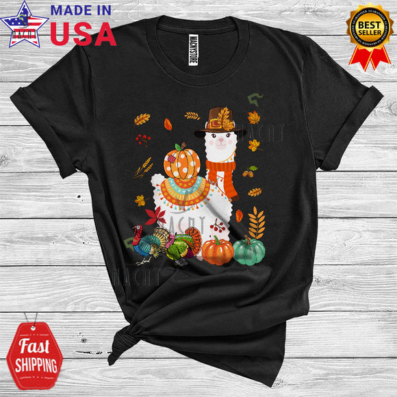 MacnyStore - Thanksgiving Llama Pilgrim Funny Turkey Pumpkin Fall Leaves Animal Lover T-Shirt