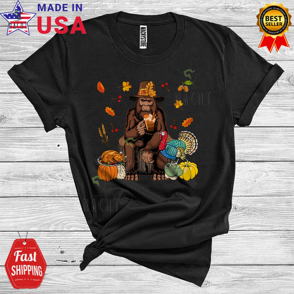 MacnyStore - Thanksgiving Pilgrim Bigfoot Drinking Cute Turkey Pumpkin Autumn Fall Lover T-Shirt