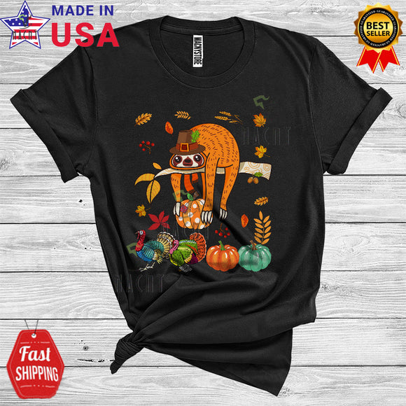 MacnyStore - Thanksgiving Sloth Pilgrim Funny Turkey Pumpkin Fall Leaves Animal Lover T-Shirt
