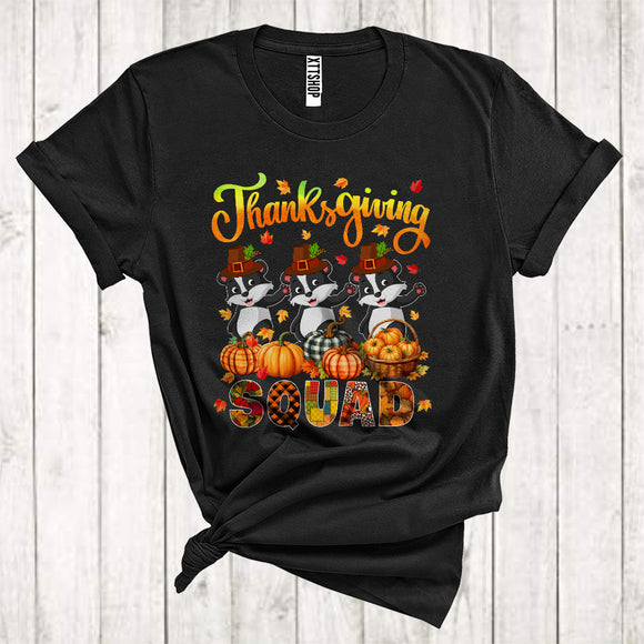 MacnyStore - Thanksgiving Squad Cool Pumpkins Fall Leaf Three Pilgrim Badgers Animal Lover T-Shirt