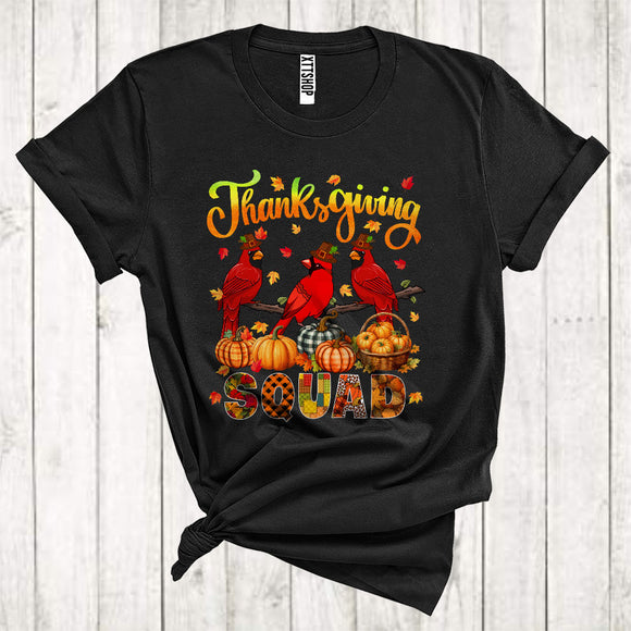 MacnyStore - Thanksgiving Squad Cool Pumpkins Fall Leaf Three Pilgrim Cardinal Birds Animal Lover T-Shirt