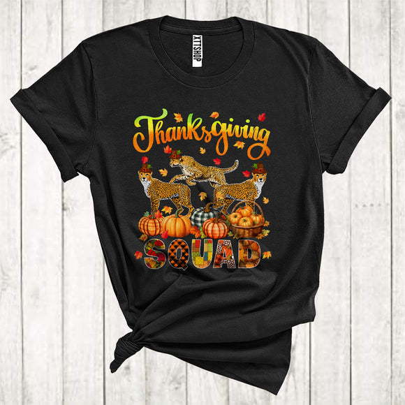 MacnyStore - Thanksgiving Squad Cool Pumpkins Fall Leaf Three Pilgrim Cheetahs Animal Lover T-Shirt
