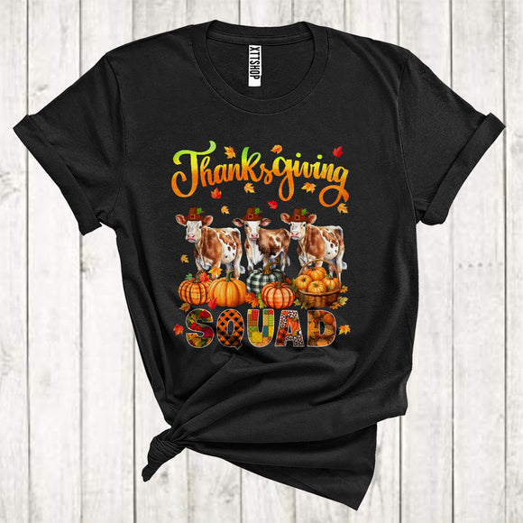 MacnyStore - Thanksgiving Squad Cool Pumpkins Fall Leaf Three Pilgrim Cows Animal Lover T-Shirt
