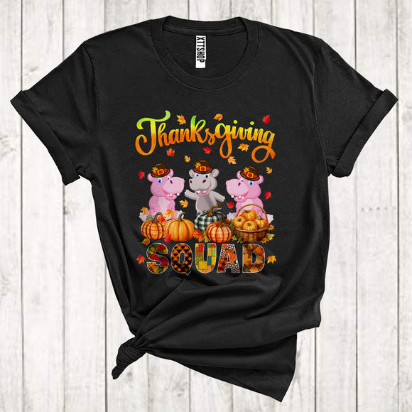MacnyStore - Thanksgiving Squad Cool Pumpkins Fall Leaf Three Pilgrim Hippos Animal Lover T-Shirt