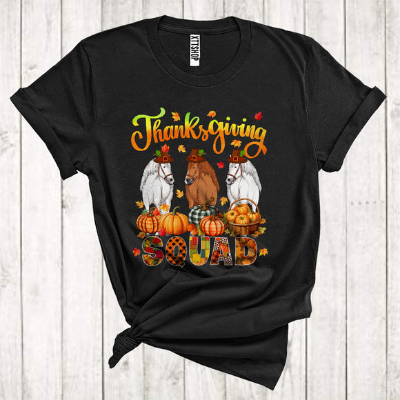 MacnyStore - Thanksgiving Squad Cool Pumpkins Fall Leaf Three Pilgrim Horses Animal Lover T-Shirt