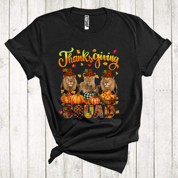MacnyStore - Thanksgiving Squad Cool Pumpkins Fall Leaf Three Pilgrim Lions Animal Lover T-Shirt