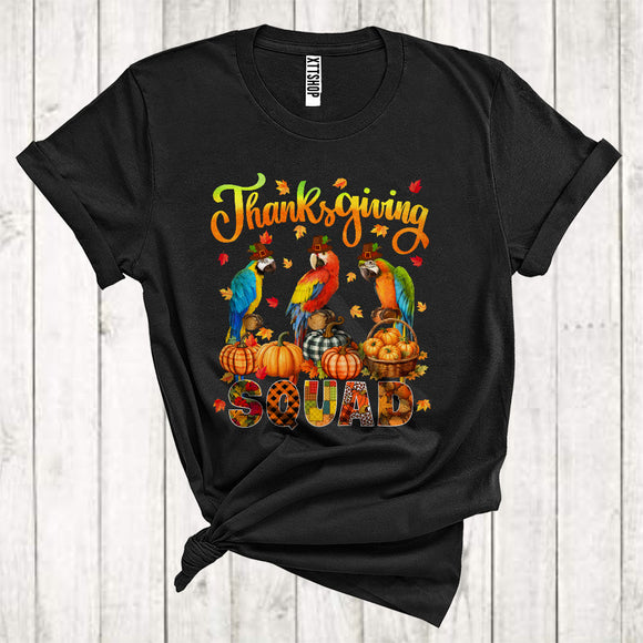 MacnyStore - Thanksgiving Squad Cool Pumpkins Fall Leaf Three Pilgrim Macaws Animal Lover T-Shirt