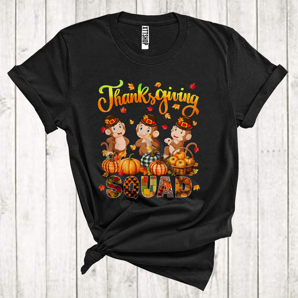 MacnyStore - Thanksgiving Squad Cool Pumpkins Fall Leaf Three Pilgrim Monkeys Animal Lover T-Shirt