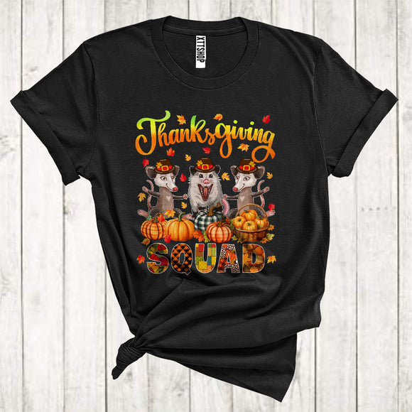 MacnyStore - Thanksgiving Squad Cool Pumpkins Fall Leaf Three Pilgrim Opossums Animal Lover T-Shirt