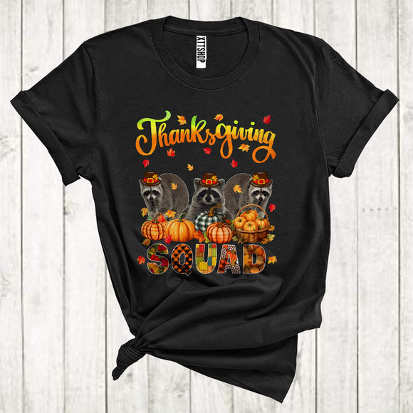 MacnyStore - Thanksgiving Squad Cool Pumpkins Fall Leaf Three Pilgrim Raccoons Animal Lover T-Shirt
