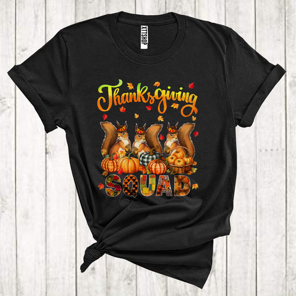 MacnyStore - Thanksgiving Squad Cool Pumpkins Fall Leaf Three Pilgrim Squirrels Animal Lover T-Shirt