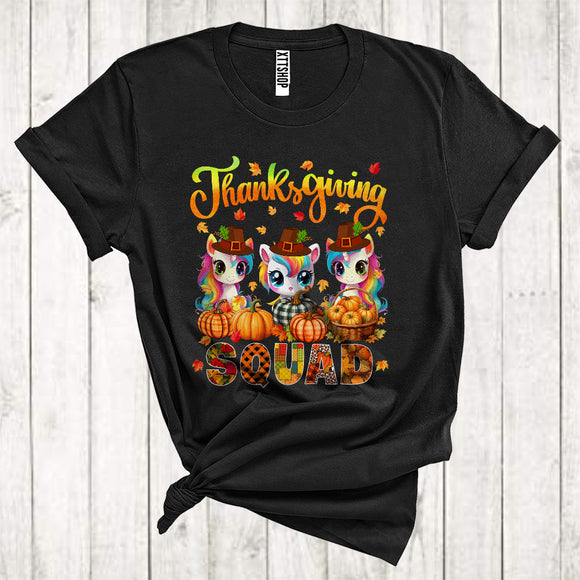 MacnyStore - Thanksgiving Squad Cool Pumpkins Fall Leaf Three Pilgrim Unicorns Magical Animal Lover T-Shirt