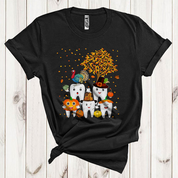 MacnyStore - Thanksgiving Teeth Cute Turkey Pumpkin Pilgrim Tooth With Fall Tree Dentist Lover T-Shirt
