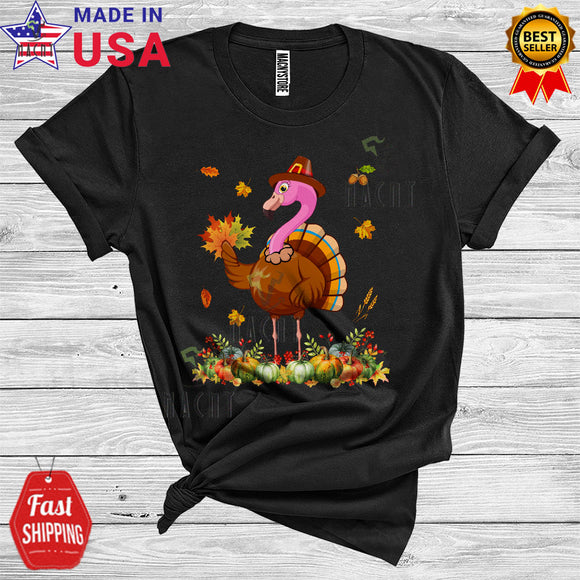 MacnyStore - Thanksgiving Turkey Flamingo Funny Thanksgiving Fall Leaves Pumpkin Pilgrim Lover Family Kids T-Shirt