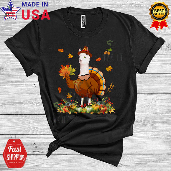 MacnyStore - Thanksgiving Turkey Llama Funny Thanksgiving Fall Leaves Pumpkin Pilgrim Lover Family Kids T-Shirt
