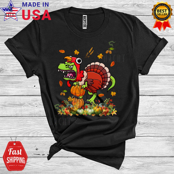 MacnyStore - Thanksgiving Turkey T-Rex Funny Thanksgiving Fall Leaves Pumpkin Pilgrim Dinosaur Lover Family Kids T-Shirt