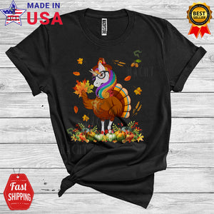 MacnyStore - Thanksgiving Turkey Unicorn Glass Funny Thanksgiving Fall Leaves Pumpkin Pilgrim Lover Family Kids T-Shirt