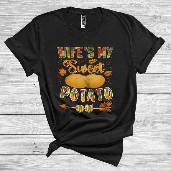 MacnyStore - Thanksgiving Wife's My Sweet Potato Funny Couple Family Fall Leaves Autumn Potato Lover T-Shirt