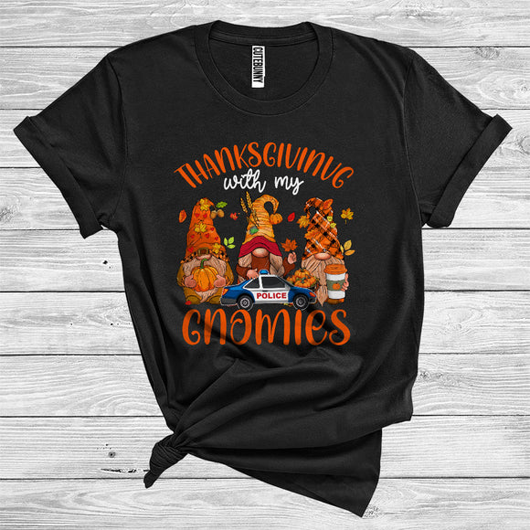 MacnyStore - Thanksgiving with My Gnomies Police Car Driver Group Cool Fall Leaves Autumn Lover T-Shirt
