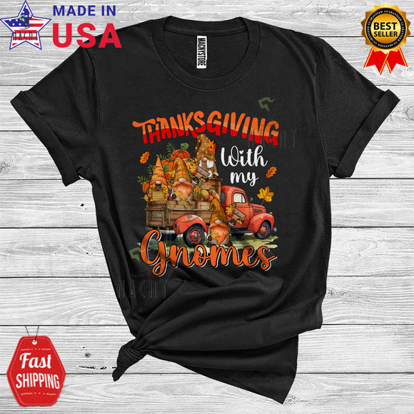 MacnyStore - Thanksgiving With My Gnomes Cute Gnomes On Pickup Truck Fall Leaves Pumpkin Lover Matching Group T-Shirt