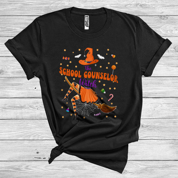 MacnyStore - The School Counselor Witch Cute Witch Riding Broomstick Matching Careers Group Halloween Costume T-Shirt